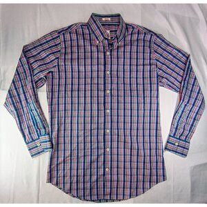 Peter Millar Seaside Finish Button Up Shirt Mens Medium Blue Plaid Spread Collar